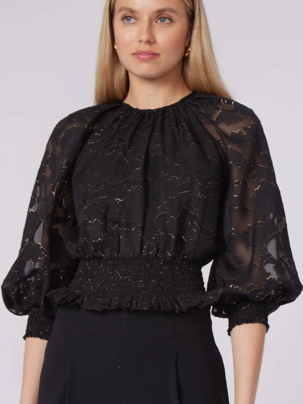 Smocked Sheer Black Blouse with Gold Thread Detail